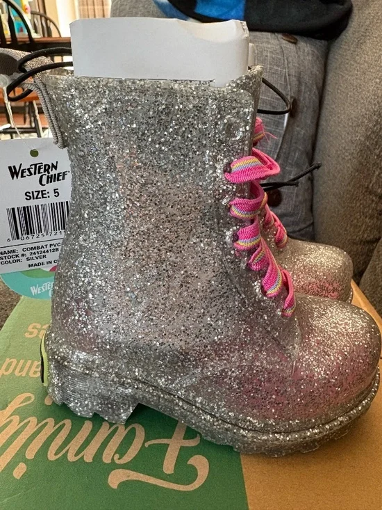 Western Chief Rain Boots Combat Toddler Size 5 Silver Glitter - Picture 3 of 7